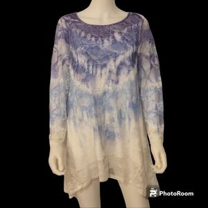 3/$30 CAL STYLE Bedazzled Lace Overlay Ombre Watercolor Assymetric Tunic